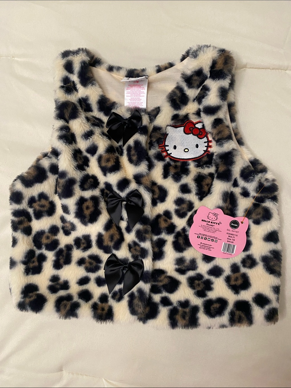 Hello Kitty Faux Fur Leopard Vest - Black, Tan, Cream